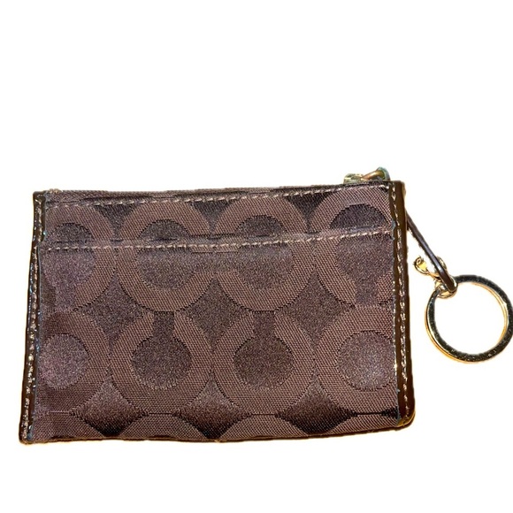 Coach "C" Patent Leather & Fabric Mini Card/Coin Pouch w/Keyring, Zip, Brown - Picture 2 of 9